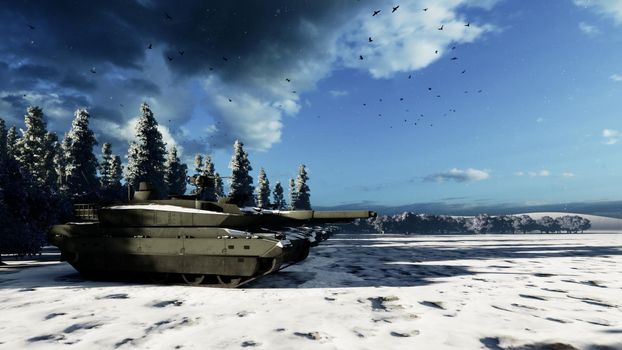 A military tank in the middle of a winter field shoots at an enemy target. Special operation of the military.