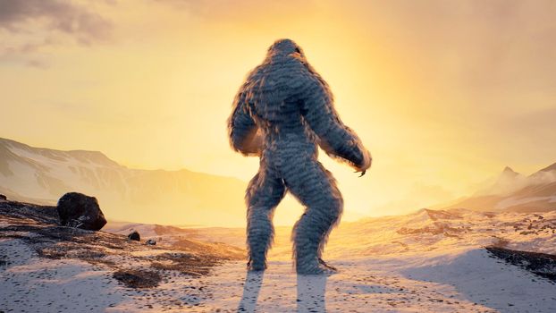 Sasquatch in the snowy mountains on a beautiful fog winter morning. Bigfoot in the mountains. Illustration for fabulous, fiction or fantasy backgrounds.