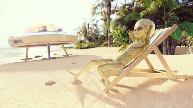 Alien resting on a tropical sea beach on a hot summer day. Fantasy about having a rest alien.