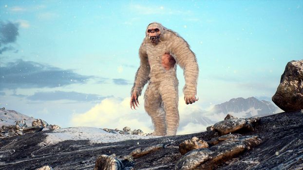 Bigfoot in the snowy mountains on a beautiful winter morning. Yeti in the mountains. Illustration for fabulous, fiction or fantasy backgrounds.