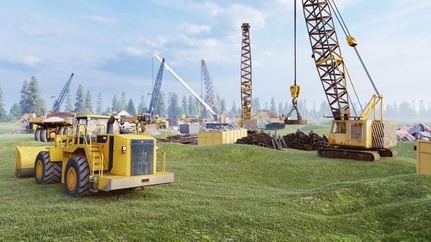 Industrial landscape with cranes and tractors, construction site on a foggy summer day. The concept of the construction.