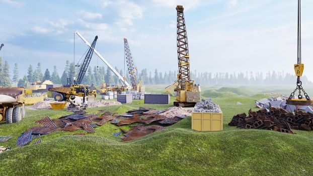 Industrial landscape with cranes and tractors, construction site on a foggy summer day. The concept of the construction.