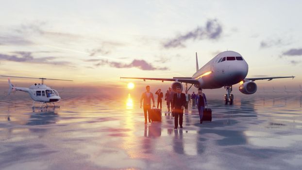 People return during a pandemic after traveling by plane. Travelers at the airport go with luggage after landing.