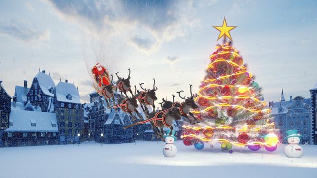 Christmas tree with colorful colorful balls. Santa Claus on a sleigh with Christmas reindeer. Snowmen and Christmas and new year decorations and gifts. A small town in anticipation of the holiday.