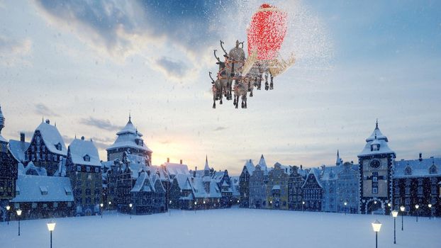 Santa Claus flies on a Christmas sleigh over a small ancient snow town. The concept of the Christmas holiday.