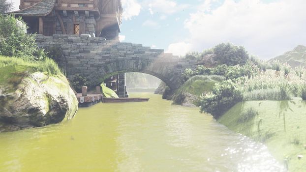 Beautiful countryside with a pond and a water mill. The mill wheel rotates under the pressure of the water flow.