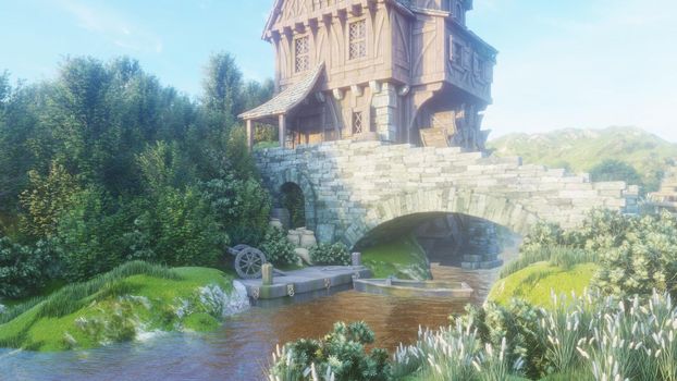 Beautiful rural morning nature with a pond, fishes, boat and water mill. The mill wheel rotates under water pressure. The morning sun's rays are reflected in the water.