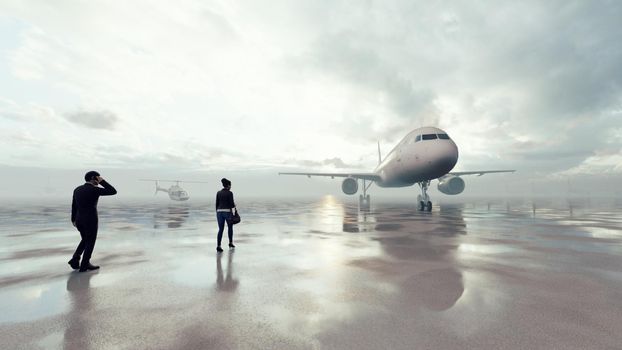 Business people at the airport go with their luggage to board a commercial plane.