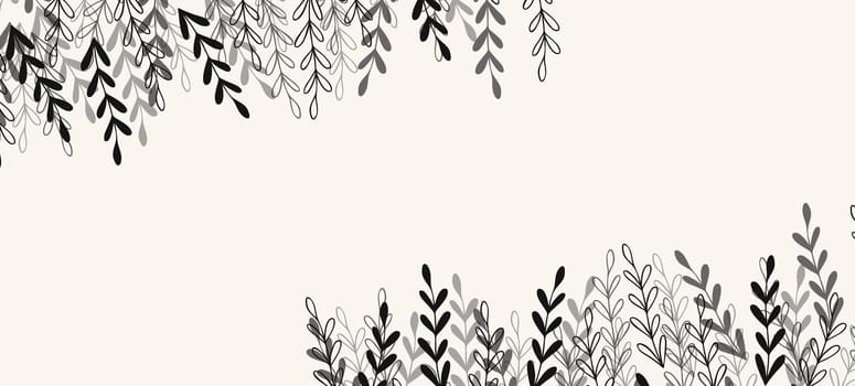 Floral web banner with drawn grey exotic leaves. Nature concept design. Modern floral compositions with summer branches. Vector illustration on the theme of ecology, natura, environment.