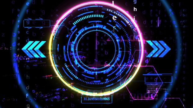 futuristic technology digital powerful energy holographic matrix element orange pink laser glow effect arrow and callout border with numeric dark and light blue tone