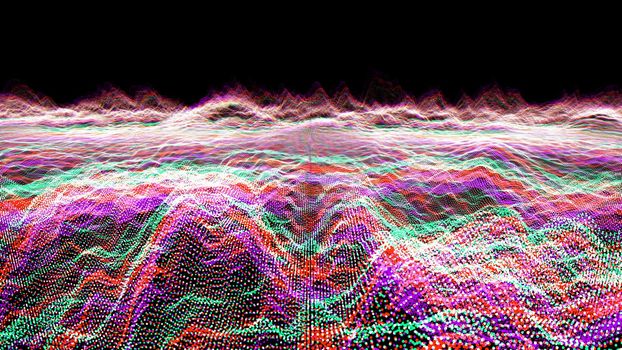 Futuristic abstract blur red purple green waveform ball oscillation, visualization wave technology digital surface with particles stars