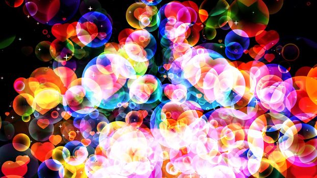 rainbow abstract dimension bubbles with dancing hearts floating on black screen with white star theme valentine day and love concept background