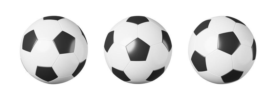 Set of soccer ball or football with different view on white isolated background . Simple design . Sports equipment concept . 3D rendering .