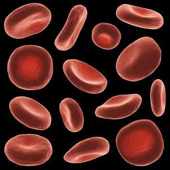 Red blood cells with high detailed surface . Set of different view and shape . Black isolated background . 3D rendering .