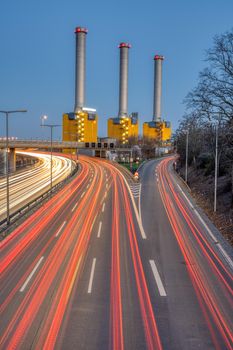 Power station and highway at dawn seen in Berlin, Germany