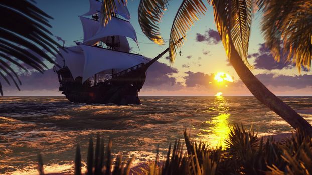 A large medieval ship at sea at sunset. An ancient medieval ship moored near a desert tropical island.