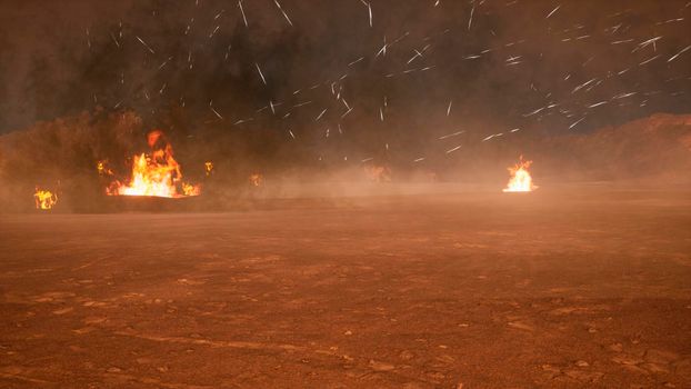 The battlefield in the smoke in the middle of explosions on an uncharted planet.