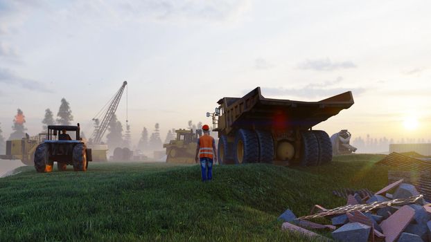 Construction site with tractors and cranes, industrial landscape in a summer day. The concept of construction.