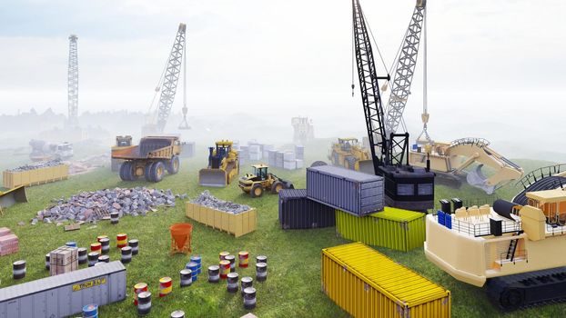 Construction site with tractors and cranes, industrial landscape in a summer day. The concept of construction.