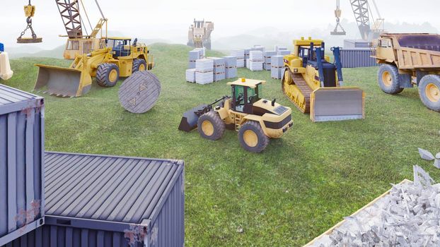 Construction site with tractors and cranes, industrial landscape in a summer day. The concept of construction.