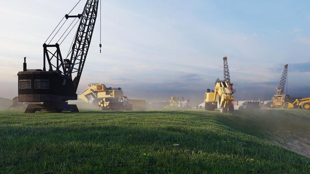 Construction site with tractors and cranes, industrial landscape in a summer day. The concept of construction.