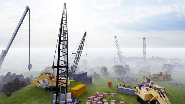 Construction site with tractors and cranes, industrial landscape in a summer day. The concept of construction.