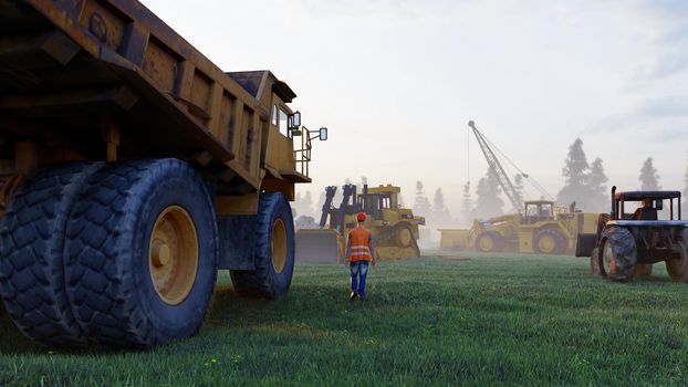 Construction site with tractors and cranes, industrial landscape in a summer day. The concept of construction.