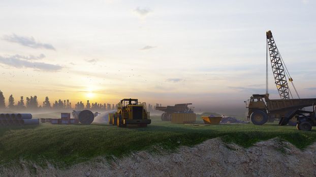 Construction site with tractors and cranes, industrial landscape in a summer day. The concept of construction.