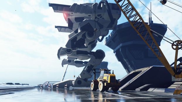 A huge military robot on a futuristic military training ground. An apocalyptic view of the technology of the future.