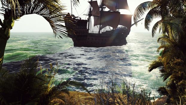 Medieval ship sails past the tropical island. The concept of sea adventures in the Middle ages.