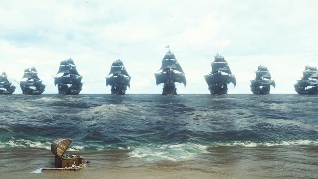 Medieval pirate ships docked at a sandy island in the vast blue ocean. The concept of sea adventures in the Middle ages.