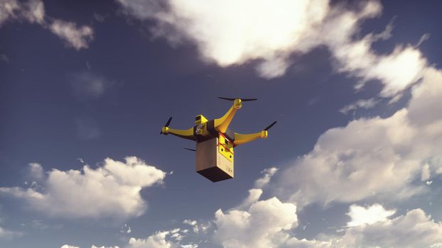 Autonomous package delivery by unmanned drone flying on a Sunny day.