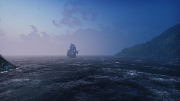 A large medieval ship in the sea in the fog floats to a desert rocky island.