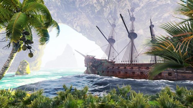 A large medieval ship at sea on a Sunny day near ancient rocks. An ancient abandoned medieval ship found its home on a desert rocky island.