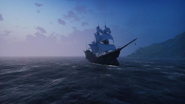 A large medieval ship in the sea in the fog floats to a desert rocky island.