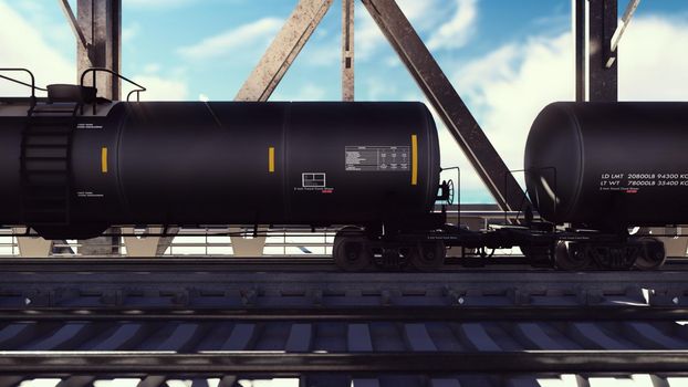 Rail tank cars with oil on the rails at sunrise. Train transportation of tankers. The container of the liquid fuel oil. Heavy industry, trade, transport.