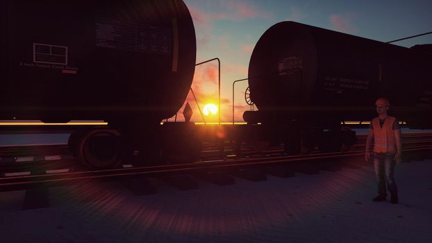 Oil worker walks past the railway with Rail tank cars driving on it at sunset.