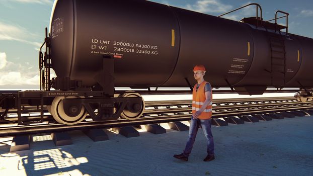 Oil worker walks past the railway with Rail tank cars driving on it.