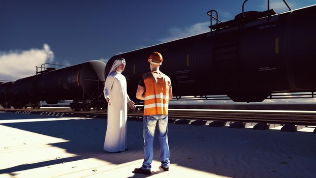 Oil worker and Arab Sheikh talking on the background of a passing Rail tank cars with oil.