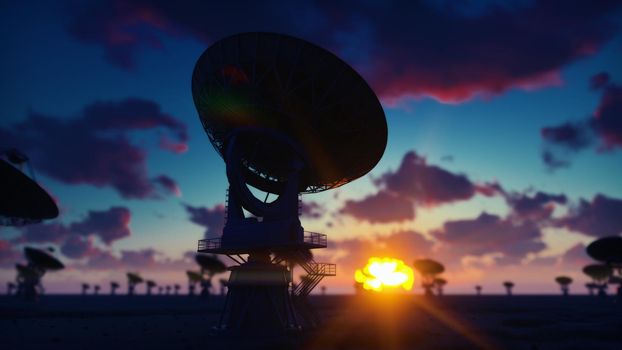 Large Array Radio Telescope. Time-lapse of a radio telescope in desert at sunrise against the blue sky.