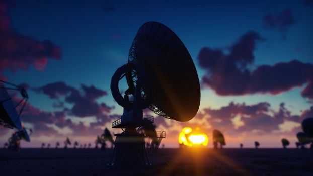 Large Array Radio Telescope. Time-lapse of a radio telescope in desert at sunrise against the blue sky.