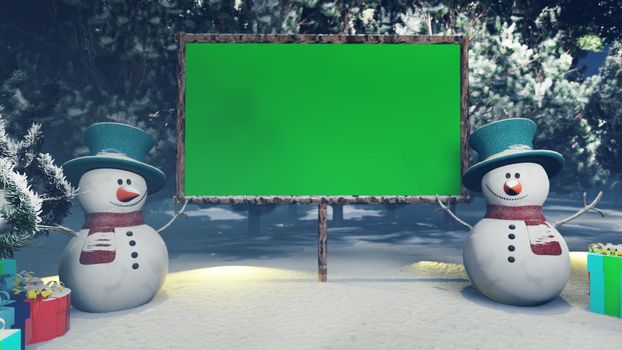 Christmas snowmen and banner with green screen in a snowy enchanted forest.