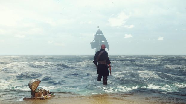 Pirate with pistols meets the ship on the sand beach of the pirate island. Concept scene of a pirate with a chest of gold,