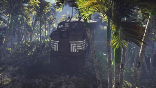 Wrecked train lies in the jungle in the middle of palm trees and tropical vegetation.