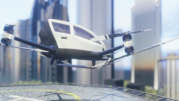 Pilotless passenger air taxi makes a departure for the call of the client. The concept of the future unmanned taxi.