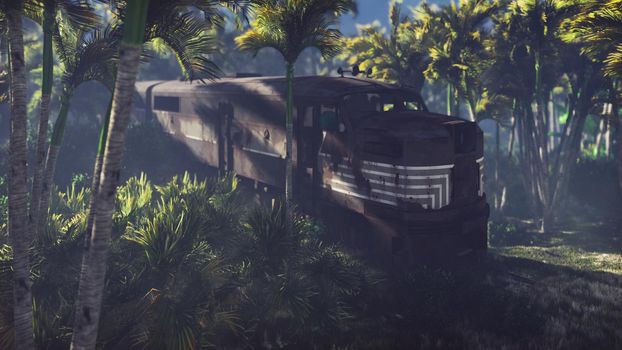 Wrecked train lies in the jungle in the middle of palm trees and tropical vegetation.