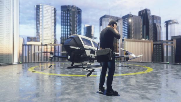 A unmanned passenger drone is preparing for takeoff.