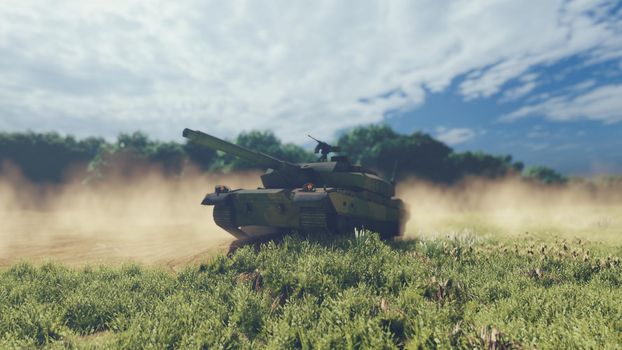 Military tank on a Sunny day, standing on the dusty field.