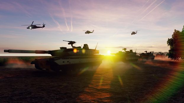 Military tanks and military helicopters move at sunset on the battlefield.