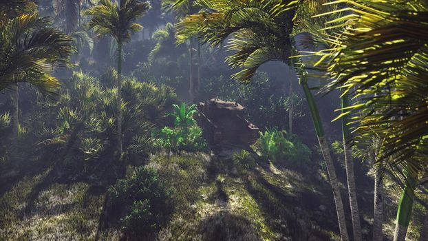 Wrecked tank lies in the jungle in the middle of palm trees and tropical vegetation.